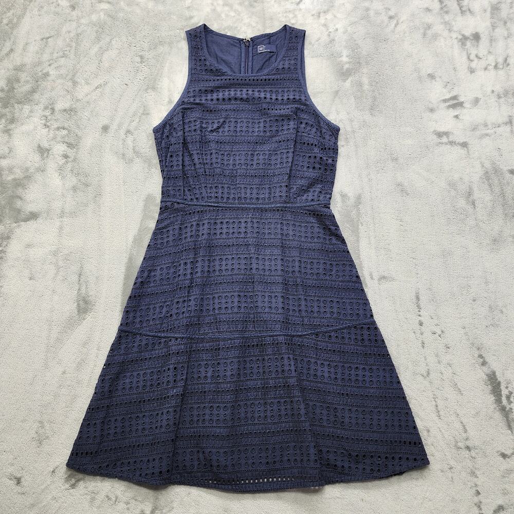 Gap Dress Womens 0 Blue‎ Eyelet Lace Lined Sleeveless Fit Flare Midi Back Zip